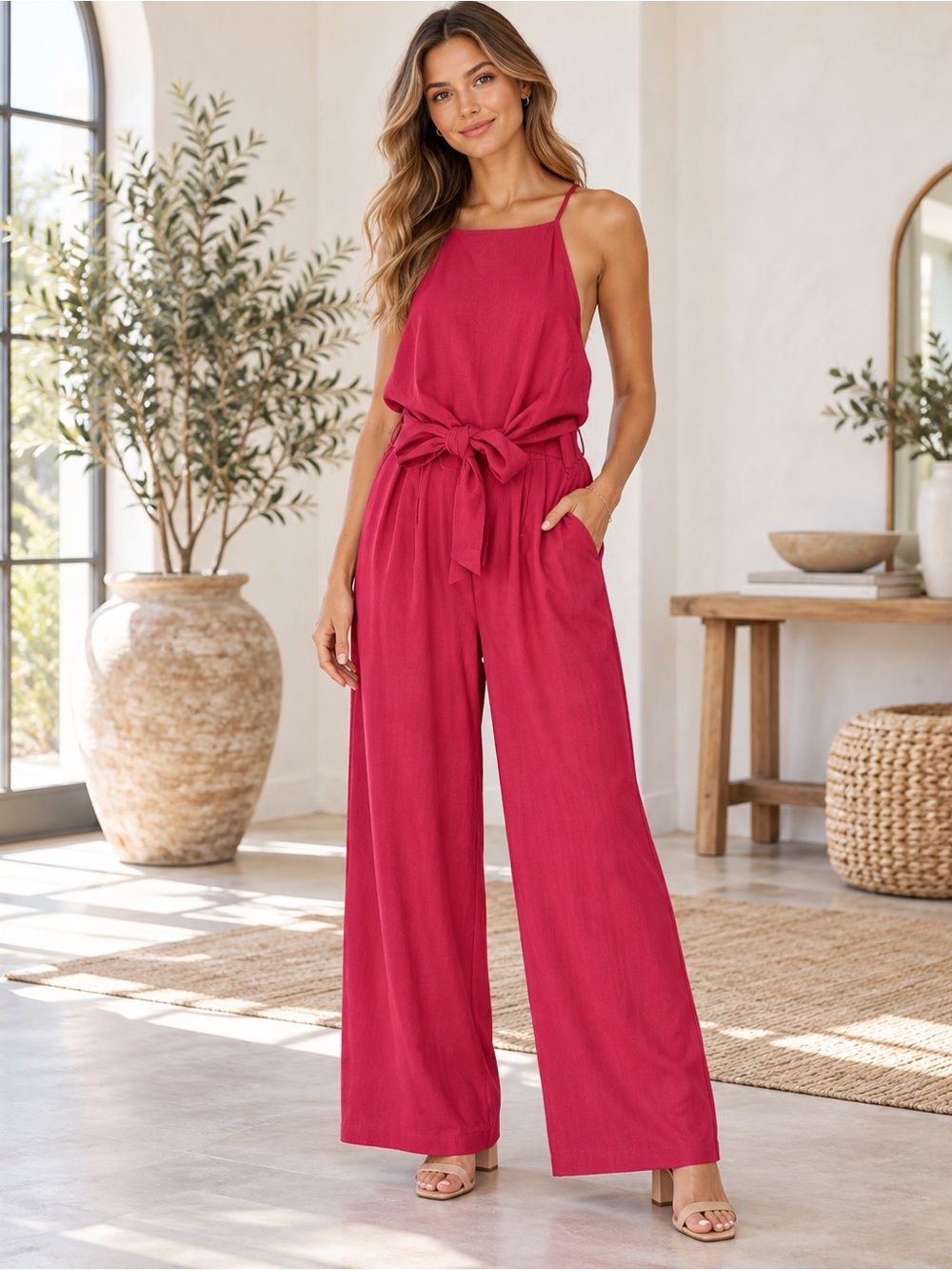 Lush High-Neck Tie-Waist Wide-Leg Jumpsuit Size Small